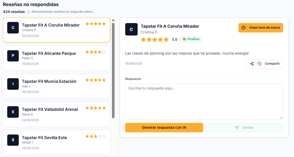 La bandeja única de reseñas: la lista de todos los locales a la izquierda y la reseña abierta a la derecha, con su respuesta.