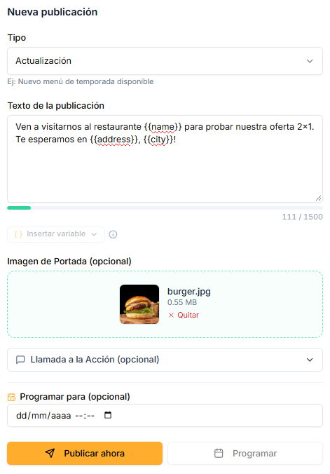 El formulario de nueva publicación con variables en el texto —{{name}}, {{address}} y {{city}}— y la imagen de portada adjunta.