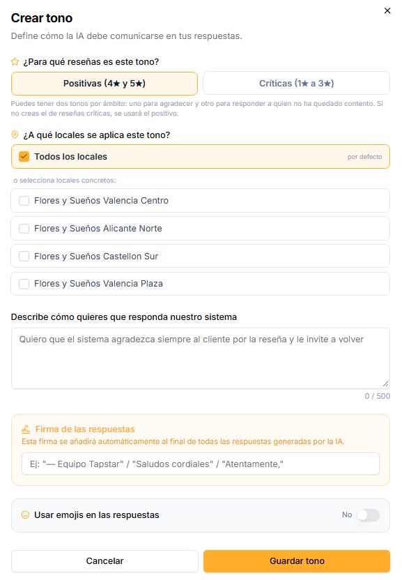 El diálogo de crear tono: se elige si aplica a las reseñas positivas o críticas y a qué locales, con la opción de todos marcada.